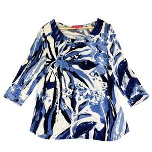 Claire Desjardins Tunic Large Blue Watercolor Abstract 3/4 Sleeve Artsy Rayon